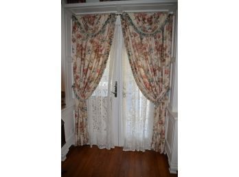 Custom Drapery Lined Backing Swag Top With Lace Curtains And Swing Out Rods