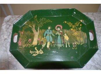 (#36) Vintage Metal Green Painted Toile Tray