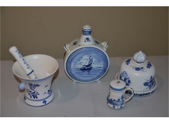 (#19) Blue/white Jug, Mortar And Pestle, Delft Covered Butter Dish, Pepper Shaker