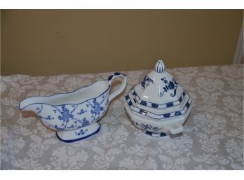 (#26) Blue/white Ceramic Bristol House Gravy Boat, Vienna Woods Covered Sugar Bowl
