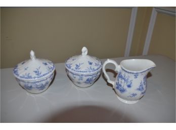 (#16) Churchill England Blue / White Ceramic 2 Sugar Bowls And 1 Creamer