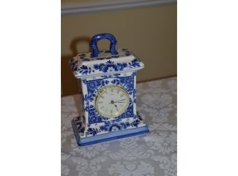 (#29) Blue/white Ceramic Quartz Mantel Clock 8' Height