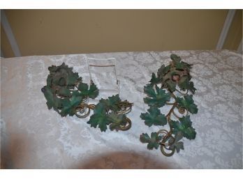 (#41) Vintage Pair Of Metal Grape Leave Wall Hanging Candle Holders