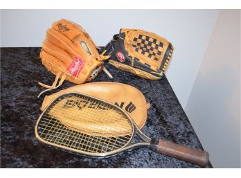 2 Leather Rawlings Basement Gloves Right Handed And Racket