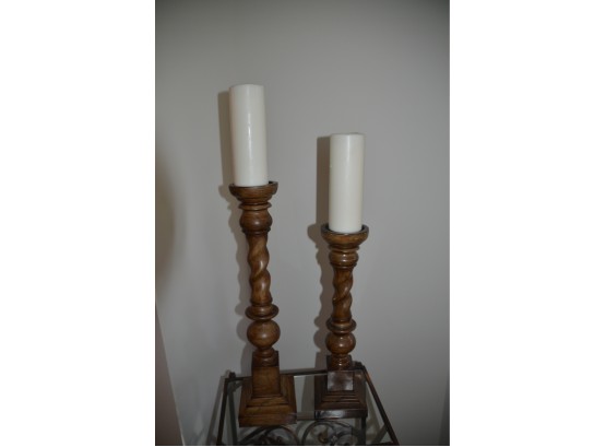 (#4) Wood Pillar Candle Holder (2) Height 22' And 18'