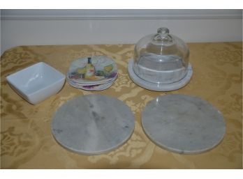 (#32) Marble Cheese Plate (2) Plastic Appetizer Plates, Ceramic Bowl
