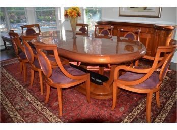 Modern 8ft Lacquer Oval Pedestal Dining Table 10 Chairs (brown Ultra Suede Fabric) 2 Leaves