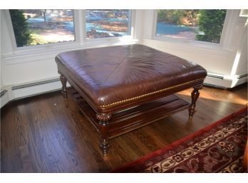 Leather Top Wood Base 40' Square Ottoman