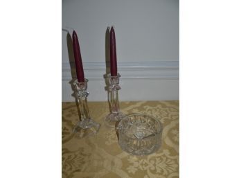 (#49) Pair Glass Candle Stick Holders, Glass Wine Bottle Coaster