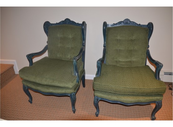 Pair Of Vintage French Provincial Wing Chairs With Forest Green Wood Trim MCM Fabric