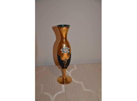 (#63) Blue Green Glass Bud Vase With Gold Accent