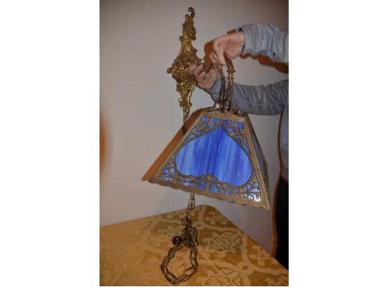 #35) Wall Hanging Wall Sconce Electric Plug In - Heavy Brass Blue Glass