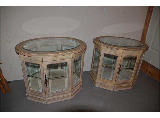 Vintage Antique French White Oval Inlay Beveled Glass Top Curio Glass Shelves Side End Tables (2)