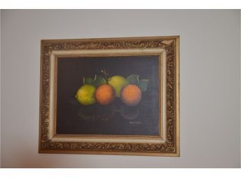 (#14) Framed Hand Painted In Italy Signed Picture Of Fruit (chip On Corner Of Frame)