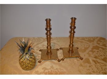 (#47) Brass Candle Sticks And Covered Pineapple Decor