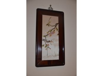 (#34) Asian Silk Fabric Detail Embroider Birds In Tree Mahogany Frame 12x33
