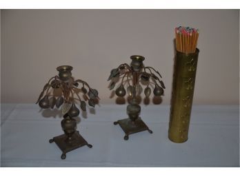 (#10) Brass Candle Stick Holders And Match Stick Holder
