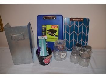 (#80) Teacher Classroom Organize Supplies, Jars, Clipboard, Tin File Holder,