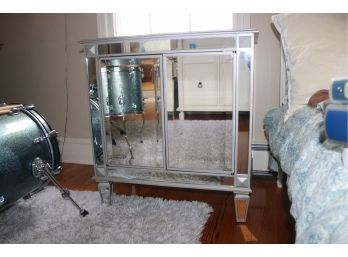 (#3) Mirrored Magnetic Push Open 2 Door Silver Accent Storage Cabinet
