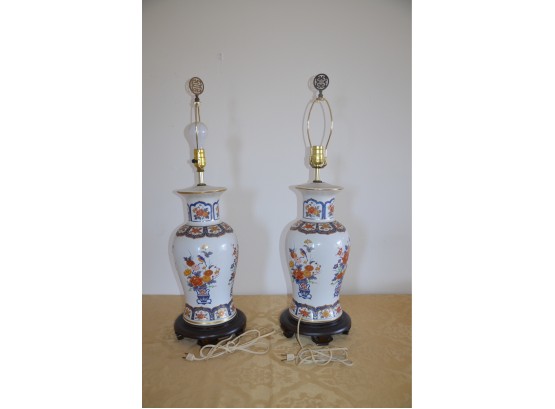 (#1) Asian Porcelain Lamps Wooden Base 31'H