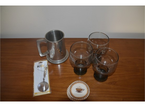 (#125) Brown Glasses (3) And Pewter Beer Mug,
