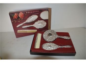 (#97) New In Box Victorian Silver-plate 3 Pc Dresser Set (comb, Brush, Mirror)
