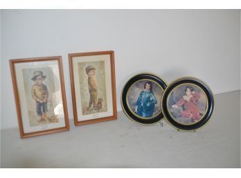 (#102) Pair Of Framed Pictures And Round Metal Pictures - See Details