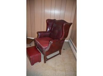 Burgundy Leather Wing Chair Nail Headand Foot Stool