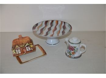 (#107) Vintage Cottage Butter Dish, Pedestal Cake Plate Town House By Gailstyn, Small Teapot,