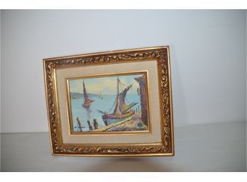 (#45) Wood Framed Hand-painted Boat Picture W.morris 10x8.5