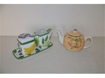 (#36) Jay Import Company Flowered Tea Pot And Sugar And Creamer Serving Set (4 Pieces)