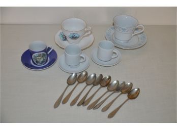 (#35) Assortment Of Cups And Saucers, Dessert Spoons (14 Pieces)