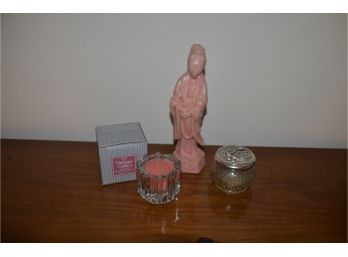 (#72) Avon Assortment, Empty Cram Jar, Oriental Figurine Candle, Timeless Candle