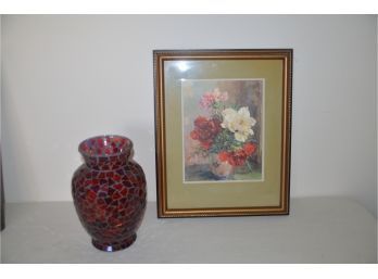 (#47) Framed Flower Picture 12x15 And Red Cut Glass Vase 10'