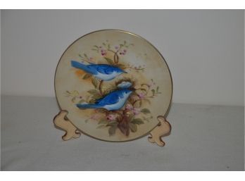 (#77) Hand-painted Blue Bird Plate 8' With Holder