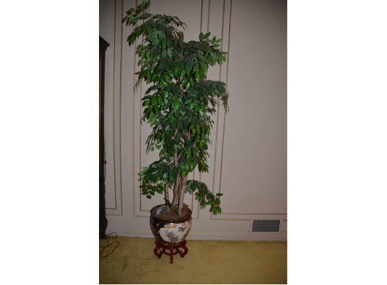 (#36) Asian Porcelain Planter And Stand, Fiche Artificial Tree