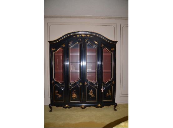 (#37) Asian Breakfront China Cabinet Black Wood Asian Theme Decor Red Interior And Lights Glass Shelves
