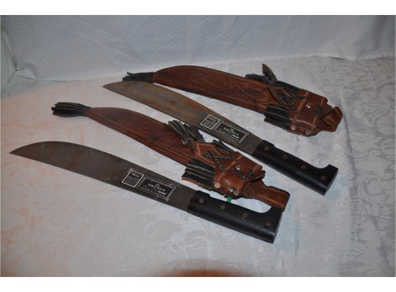 (#136) Set Of Vintage Colima Fixed Blade Machete In Leather Embossed Sheath With Tassels
