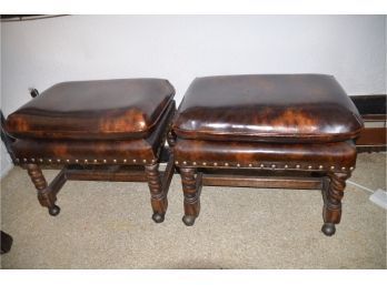 (#23) Pair Of Attached Leather? Ottomans Nail Head Trim On Wheels