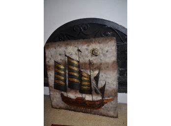 (#13) Unique Custom Spanish Style Lighted Metal Ship Wall Hanging Artificial Fur Backing