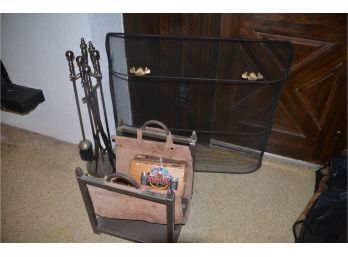 (#24) Fireplace Tools, Log Holder And Screen