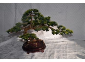 (#94) Artificial Bonsai Pine Fake Tree On Wood Stand
