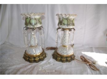 (#67) Antique Milk Glass Pair Of Hurricane Lamps With Crystal