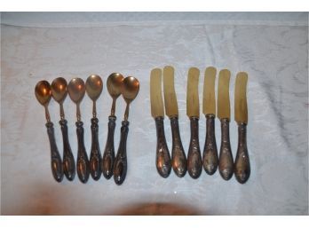 (#136) Solingen Silver Plate Handle Butter Knives And Demitasse Spoons  (6 Of Each)