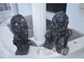 Pair Of 2 Cement Black Lions - Make Sure To Look At All Pictures