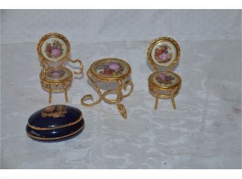 (#147) French Limoges Porcelain Miniature Table And Chairs Gold And White, Cobalt Blue Cover Trinket