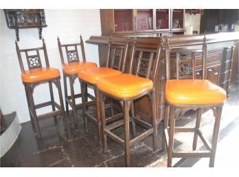 (#9) Wood Counter Bar Stools 31.5' Seat Height Orange Leather Seat (5) - See Detail