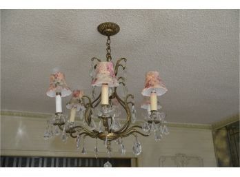 (#63) Brass And Crystal Dining Room 6 Arm Chandelier With Shades