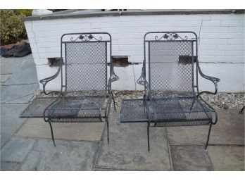 Vintage Outdoor Black Metal Chairs (2) Under Chair Pull Out Snack Tray