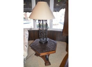 (#15) Octagon Spanish Style End Table (top Removable) And Metal Base Table Lamp